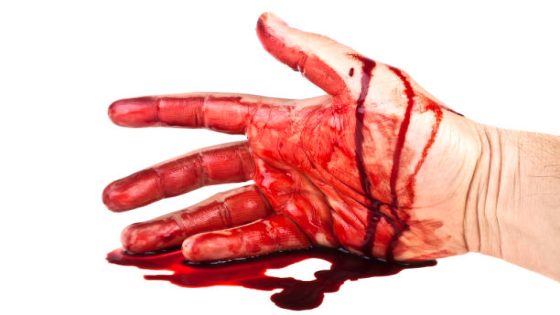 Hand in blood on a white background