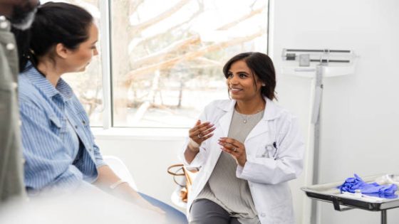 The diverse couple listens attentively as the mid adult female doctor gives them some advice.